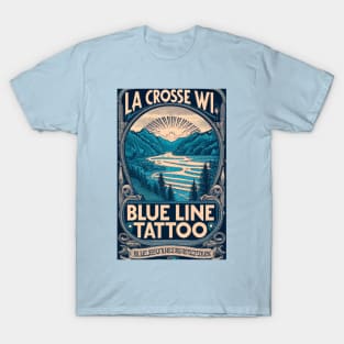 Blue Line Tattoo River Bluff Scene Vintage Stamp Label T-Shirt